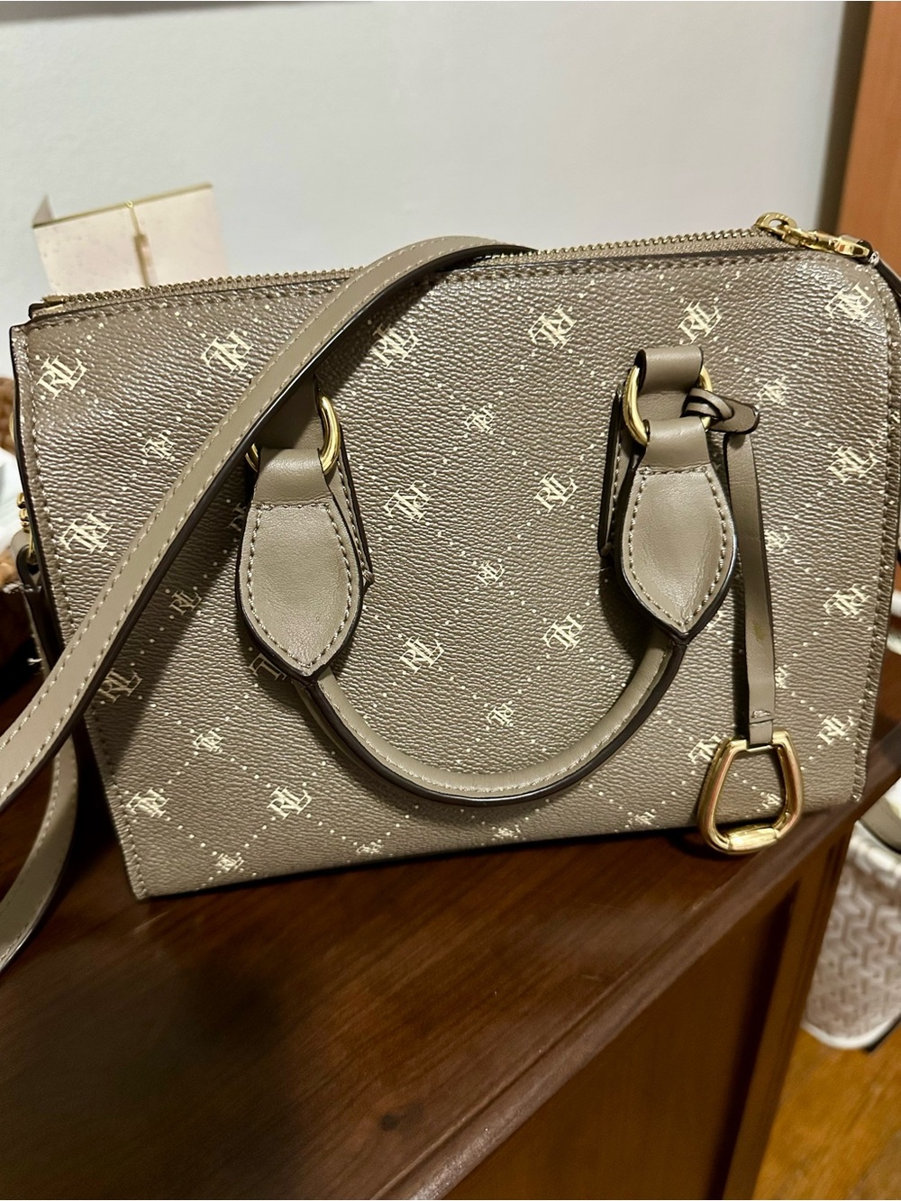Structured Mini Satchel in Taupe with Gold Accents